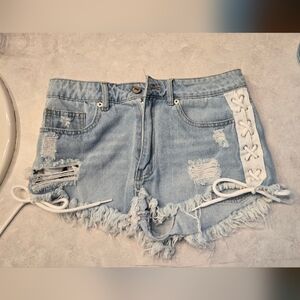 Light Blue Distressed Denim Shorts with Lace-Up Detail On Both Sides